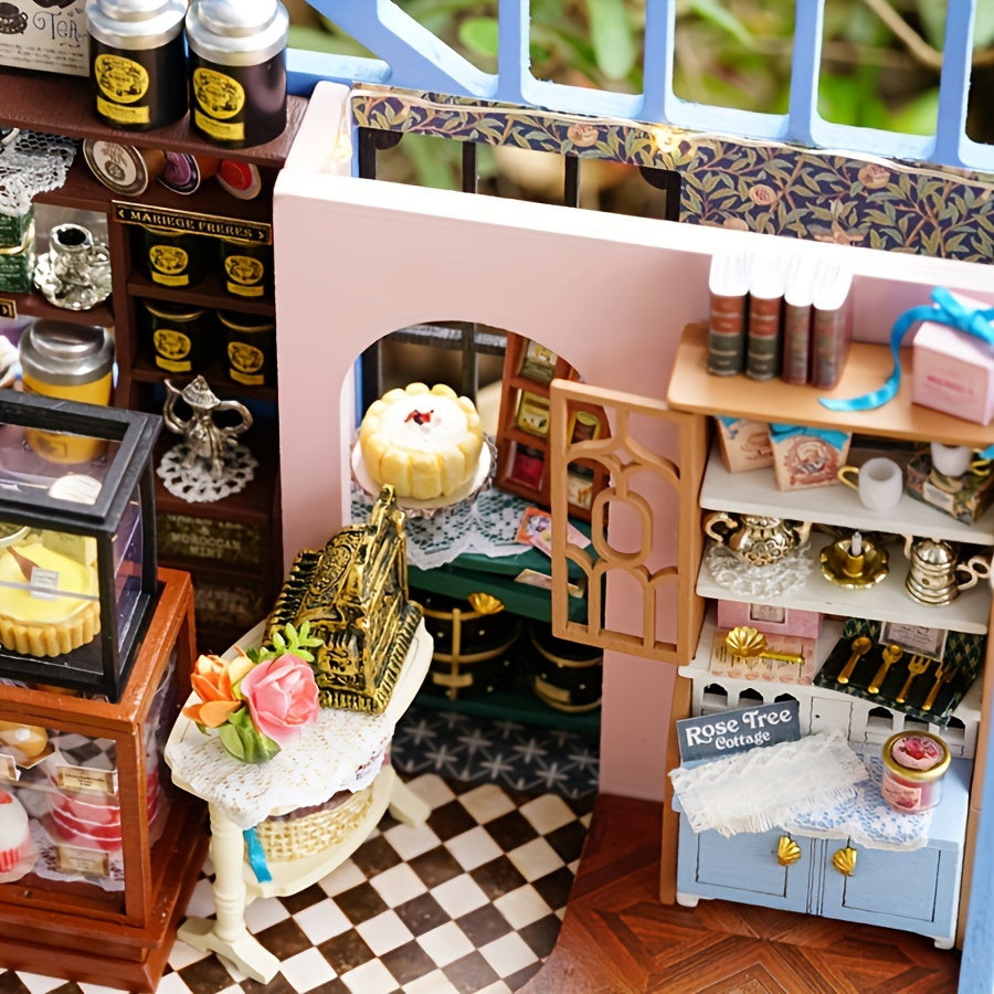 Maison de Thé Jardin Des Roses Faite À La Main, Cabane DIY Villa Jardin, Ornement D'artisanat En Bois, Puzzle Miniature En 3D, Kit de Montage de Scène Miniature, Décorations Pour La Maison, Cadeau D'anniversaire Créatif, Cadeau de La Saint-Valentin