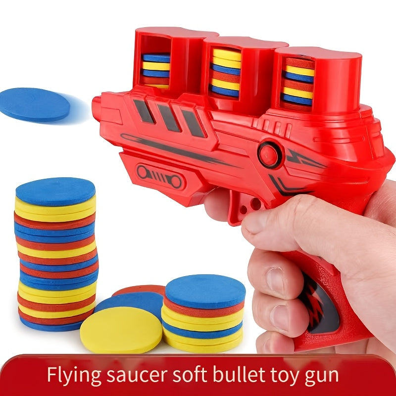 Jouet pistolet à douille souple pour les enfants de 3 ans et plus, jouet pistolet soucoupe volante à double tir doux, adapté aux jeux intérieurs et extérieurs, idéal comme cadeau créatif pour des activités en groupe et divertissement familial