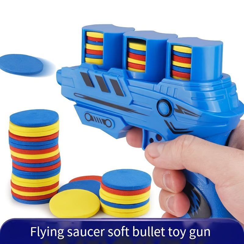 Jouet pistolet à douille souple pour les enfants de 3 ans et plus, jouet pistolet soucoupe volante à double tir doux, adapté aux jeux intérieurs et extérieurs, idéal comme cadeau créatif pour des activités en groupe et divertissement familial
