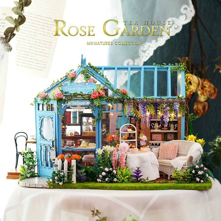 Maison de Thé Jardin Des Roses Faite À La Main, Cabane DIY Villa Jardin, Ornement D'artisanat En Bois, Puzzle Miniature En 3D, Kit de Montage de Scène Miniature, Décorations Pour La Maison, Cadeau D'anniversaire Créatif, Cadeau de La Saint-Valentin